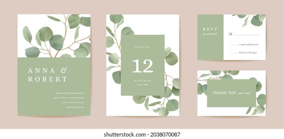 Wedding realistic eucalyptus, green leaf branches floral Save the Date set. Vector leaves greenery boho invitation card. Watercolor template frame, foliage cover, modern poster, trendy design