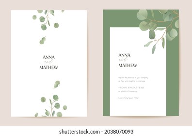 Wedding Realistic Eucalyptus, Green Leaf Branches Floral Save The Date Set. Vector Leaves Greenery Boho Invitation Card. Watercolor Template Frame, Foliage Cover, Modern Poster, Trendy Design
