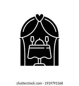 Wedding reception black glyph icon. Romantic dinner. Marriage venue. Engagement date celebration. Newlywed congratulation. Silhouette symbol on white space. Vector isolated illustration
