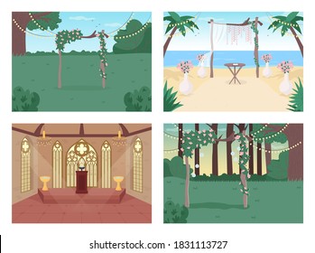 Wedding reception flat color vector illustration set. Floral archway. Chapel for ceremony. Venue for matrimony event 2D cartoon landscape and interior with decoration on background collection