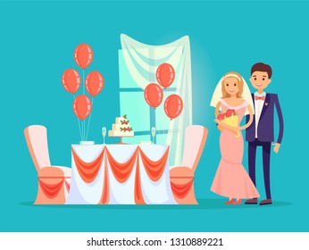 Wedding reception at restaurant vector, bride and groom by table with served cake of strawberries. Balloons and veil on window, marriage of people