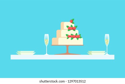 Wedding reception at restaurant vector, cake with berries. Glasses with champagne, empty plates dessert with cream, layers of baked biscuit with decoration