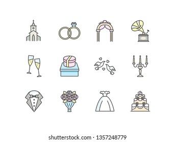 Wedding related colored line icons with church, engagement rings, arch, gramophone, champagne, gifts, pigeons, candelabra, tuxedo, bouquet, dress, cake.