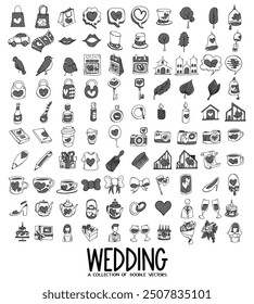 Wedding Related Doodle vector icon set. Drawing sketch illustration hand drawn line.