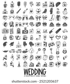 Wedding Related Doodle vector icon set. Drawing sketch illustration hand drawn line.