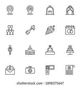 Wedding related line icons set, outline vector symbol collection, linear style pictogram pack. Signs, logo illustration. Set includes icons as calendar date, champagne glass, wedding ring, invitation