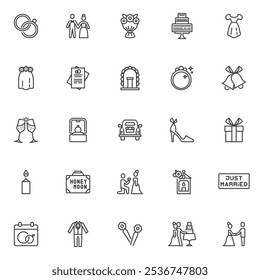 Wedding related line icons set. linear style symbols collection, outline signs pack. Wedding vector graphics. Set includes icons as bridal dress, groom suit, engagement ring, proposal, flowers bouquet