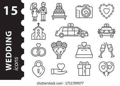 Wedding Related Linear Icons Set. Vector illustration.