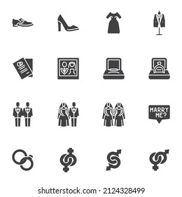 Hochzeitliche Vektorsymbole, moderne solide Symbolsammlung, gefülltes Piktogramm-Paket. Zeichen Logo-Illustration. Set enthält Symbole wie Braut- und Bräutigam, Ehering, Kleidung, Heiratsurkunde