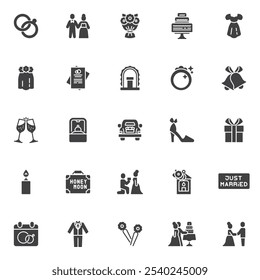 Wedding related vector icons set, modern solid symbol collection, filled style pictogram pack. Signs, logo illustration. Set includes icons as bridal dress, groom suit, engagement ring, proposal