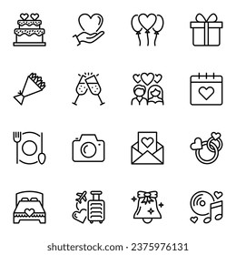 Wedding Related Vector line icons set. invitation, balloon, calendar, romance, ceremony, present, ring, music, outline, wedding, event, party, photo, graphic, heart, camera, bridal, bouquet, envelope