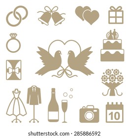Wedding related vector silhouette icons set