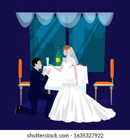 Wedding restaurant banquet hall cartoon vector illustration. Festive occasion, restaurant service for newly married couples bride and bridegroom. Restaurant hall interior.