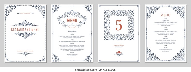 Wedding and restaurant menu. Ornate classic templates set in vintage style. Vector illustration.