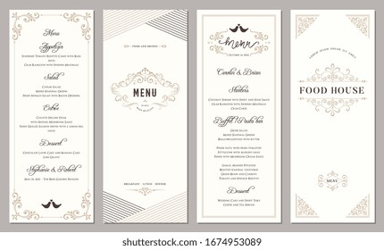 Wedding and restaurant menu. Vertical classic templates. Vector illustration.