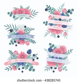Wedding retro elements collection. Romantic vintage floral set with flowers, leaves and ribbons. Design elements for card. Vector illustration.