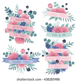 Wedding retro elements collection. Romantic vintage floral set with flowers, leaves and ribbons. Design elements for card. Vector illustration.