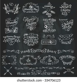 Wedding retro labels,stamps,logo.Doodle Decor elements.Hand drawn.Vector decoration,frame,pigeon,arrow,borders,catchwords.Love romantic.Vintage illustration.For invitations cards,royal menu.Chalkboard