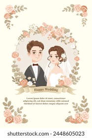 Wedding retro style invitation with cute flowers and bride and groom characters