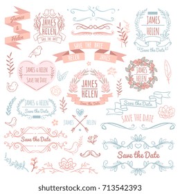 Wedding retro vector elements for invitation card. Rustic floral elegant design and ornaments. Wedding retro invitation elements illustration