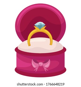 Anillo de boda en una hermosa caja, accesorio romántico. Anillo de novias para compromiso. Ilustración del anillo de bodas vectorial aislada en fondo blanco