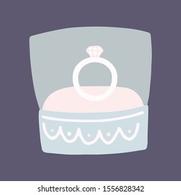 Wedding ring in a beautiful box. Wedding symbol. Illustration for the design of wedding printing. Invitation for the guests of the ceremony.