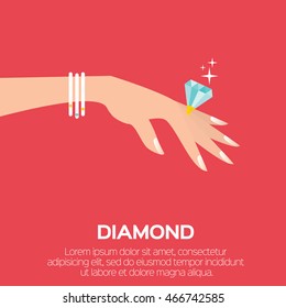 Wedding Ring with a big shining diamond on graceful women's hand. Wedding concept. Marriage proposal. Design vector illustration.