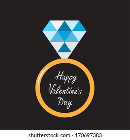 Wedding ring with blue diamond. Happy Valentines Day card. Vector illustration. 