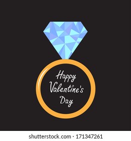 Wedding ring with blue diamond. Polygonal effect. Happy Valentines Day card. Vector illustration. 
