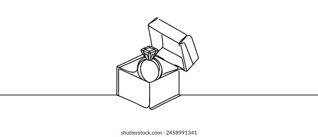 Wedding ring in a box, continuous line drawing. One line art, wedding rings.