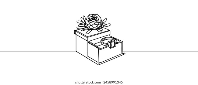 Wedding ring in a box, continuous line drawing. One line art, wedding rings.