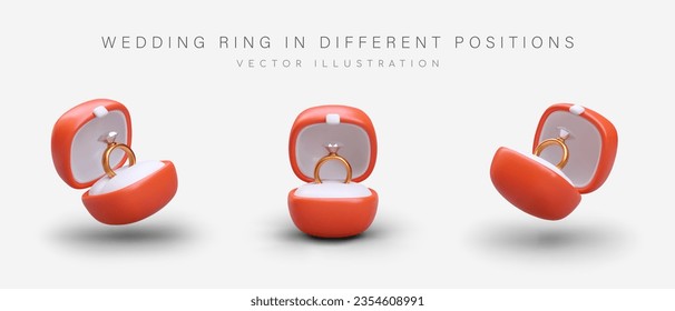 Wedding ring in box. Ring with diamond in package. Valuable gift, women accessory. Marriage proposal symbol. Isolated illustration on white background