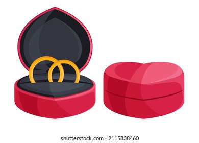 Wedding ring box. Engagement ring in a heart-shaped box. Flat vector illustration.