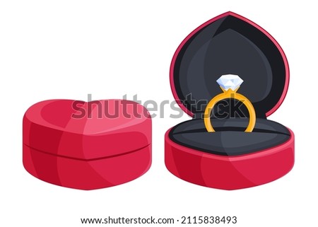 Wedding ring box. Engagement ring in a heart-shaped box. Flat vector illustration.