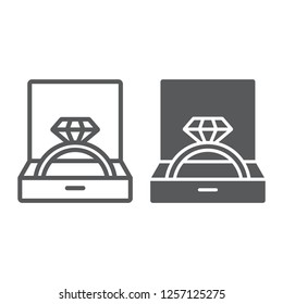 Wedding ring in box line and glyph icon, jewellery and accessory, gift box with ring sign, vector graphics, a linear pattern on a white background.