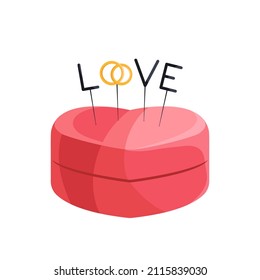  Wedding ring box with "LOVE" . Engagement heart-shaped box. Flat vector illustration.