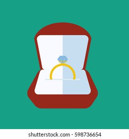 Wedding ring in box on the green background. Vector illustration