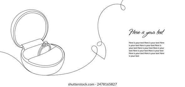 Anillo de Boda en un contorno de caja, arte de línea. Concepto para proposición matrimonial, declaración de amor. Invitación a la boda, compromiso. Anuncio, tarjeta, flyer, invitación