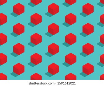 Wedding ring box red color 3D isometric seamless pattern, Marriage concept poster and social banner post design illustration isolated on green background with copy space, vector eps 10