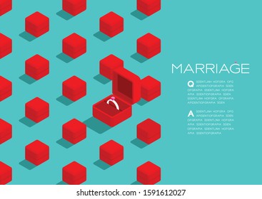 Wedding ring box red color 3D isometric pattern, Marriage concept poster and social banner post horizontal design illustration isolated on green background with copy space, vector eps 10