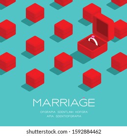 Wedding ring box red color 3D isometric pattern, Marriage concept poster and social banner post square design illustration isolated on green background with copy space, vector eps 10