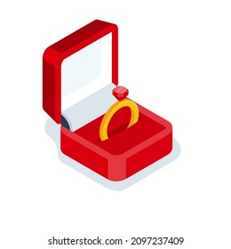 Wedding ring in the box. Vector illustration isometric 3d design. Isolated on white background. Proposal marriage cartoon style. Wedding ring and diamond. Red box.