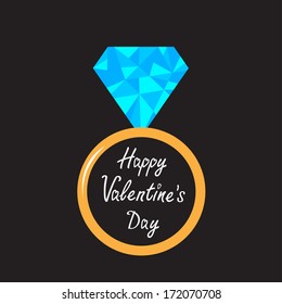 Wedding ring with bright blue diamond. Polygonal effect. Happy Valentines Day card.  Vector illustration. 