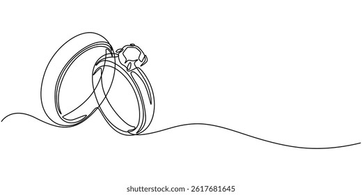 Wedding Ring Continuous Line Icon, Wedding ring line art vector illustration, Wedding Ring Web Banner with Continuous Line Icon, Wedding Ring continuous line drawing with color shapes.