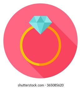 Wedding Ring with Diamond Circle Icon. Flat Design Vector Illustration with Long Shadow. Happy Valentine Day and Love Symbol.