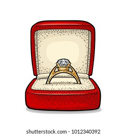 Wedding ring with diamond in a gift box. Vintage color vector engraving illustration for poster, label, web. Isolated on white background. Hand drawn design element