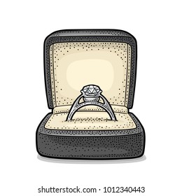 Wedding ring with diamond in a gift box. Vintage color vector engraving illustration for poster, label, web. Isolated on white background. Hand drawn design element