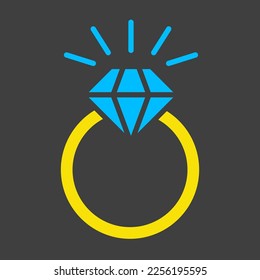 Wedding ring with a diamond glyph on dark background icon. Valentines day symbol. Vector illustration, romance elements. Sticker, patch, badge, card for marriage