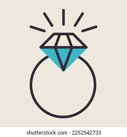 Wedding ring with a diamond icon. Valentines day symbol. Vector illustration, romance elements. Sticker, patch, badge, card for marriage