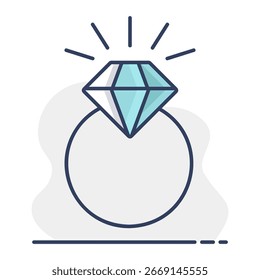 Anillo de Boda con un ícono de diamante. Símbolo de San Valentín. Ilustración vectorial, Elementos románticos. Pegatina, parche, insignia, tarjeta para el matrimonio